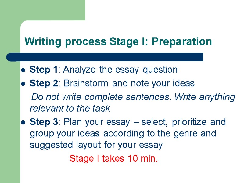Writing process Stage I: Preparation Step 1: Analyze the essay question Step 2: Brainstorm